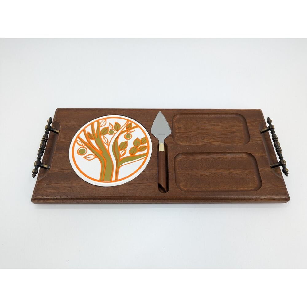 Vintage Imperial Deluxe Hostess Server Walnut Hardwood + Ceramic Cheese Board